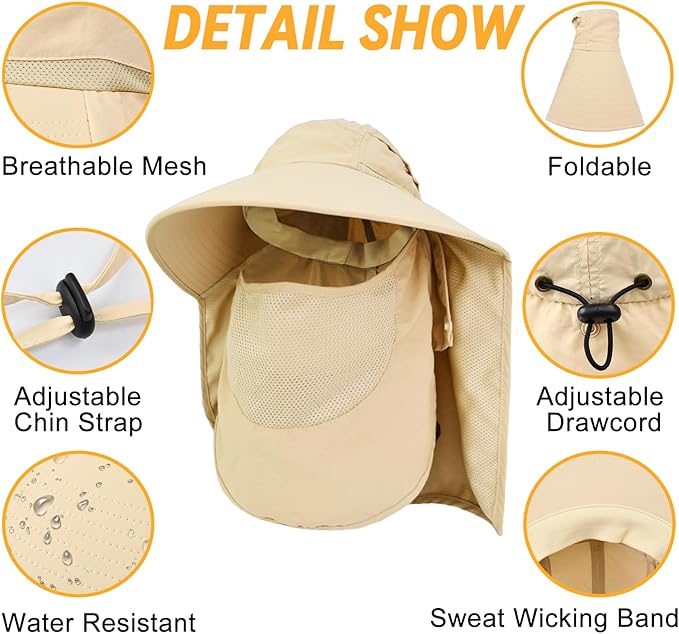 Sun Hats for Men Women Detachable Face Cover Wide Brim Fishing Hats with Neck Flap UPF 50+ Outdoor Safari Hats