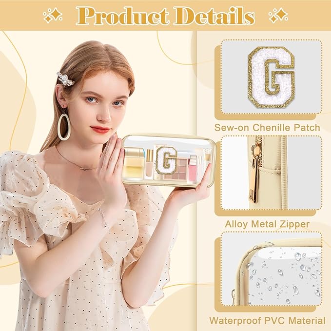 Personalized Initial Letter Clear Makeup Bag,Preppy Small Nylon&PVC Cosmetic Zipper Bag with Chenille Letter,Portable Beach Travel Skincare Toiletry Bag,Trendy Monogram Gift for Teen Girls Women,G