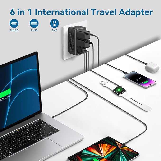 Upgraded 2000W 220V to 110V Voltage Converter US to Europe Travel Adapter for Hair Dryers with Fast Charging International Travel Adapter with 2 USB A and 2 USB C Power Converter Adapter (2U2C)