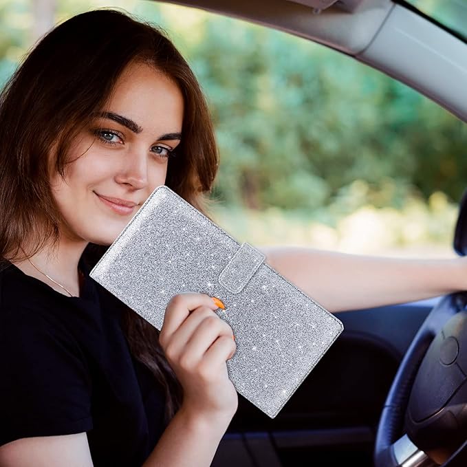 RSAquar Car Registration & Insurance Holder - Leather Glove Box Organizer, Cool Accessories for ID, Driver's License Cards & Essential Documents, Men & Women, Glitter Gray