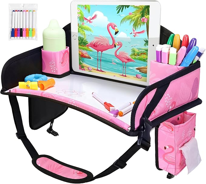WENRENER Kids Travel Tray, Car Seat Tray for kids Travel, Toddler Road Trip Essentials With Drawing Kit, Toddler Lap Desk Organizer for Car, Carseat Table for Airplane