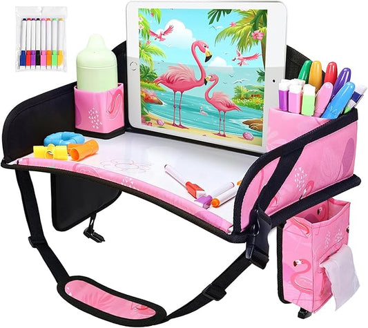 WENRENER Kids Travel Tray, Car Seat Tray for kids Travel, Toddler Road Trip Essentials With Drawing Kit, Toddler Lap Desk Organizer for Car, Carseat Table for Airplane