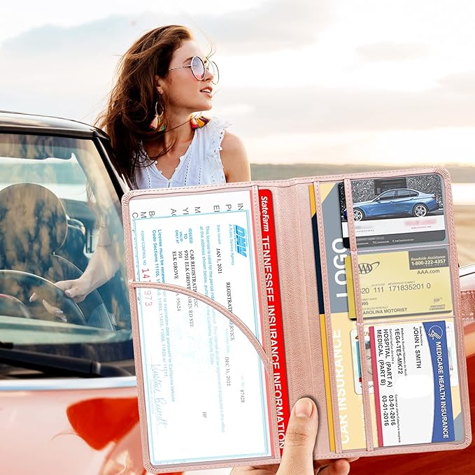 RSAquar Car Registration and Insurance Holder, Leather Car Glove Box Organizer, Cool Car Accessories for ID, Driver's License Cards & Essential Document, Men&Women, Rose Gold