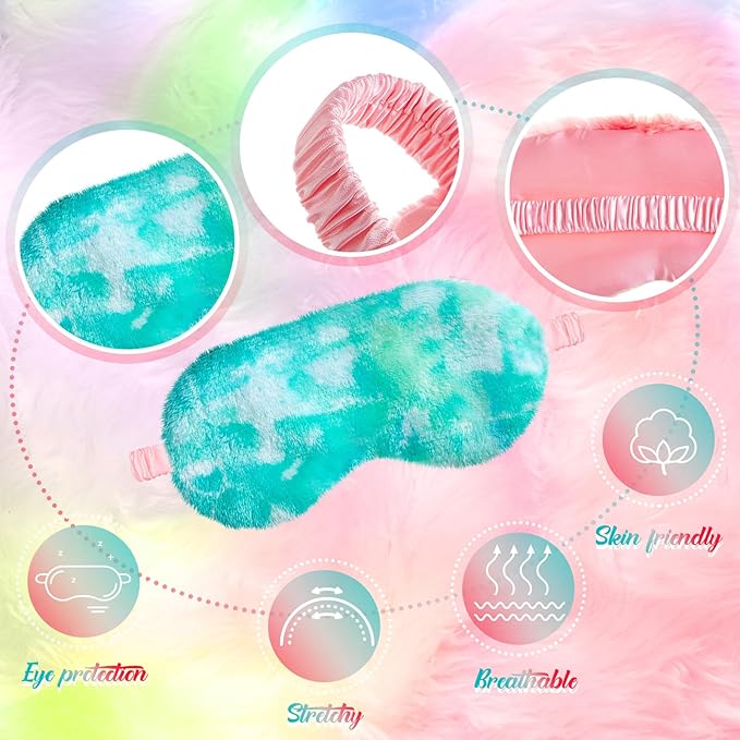 Cuffbow 6 Pcs Plush Sleep Eye Mask Silk Furry Eye Covers for Sleeping Cute Sleep Mask Fluffy Comfortable Sleeping Blindfold for Travel Sleepover Nap Party Supply Women(Tie Dye,Colorful)