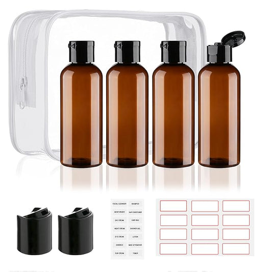 Travel Bottles for Toiletries 3.4oz 4 Pack TSA Approved Leak-Proof Travel Size Containers Squeezable Empty Plastic Toiletry Bottles for Shampoo, Conditioner, Body Wash (Brown)