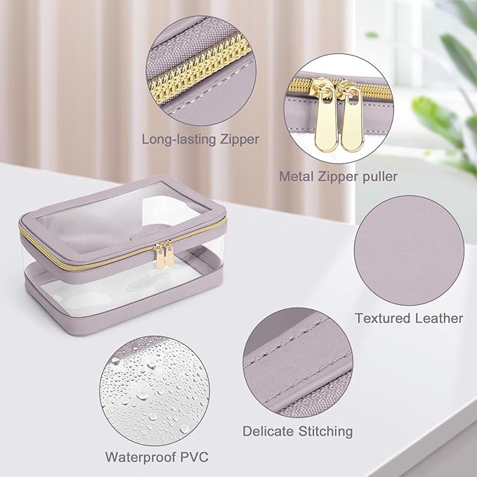 Travel Clear Makeup Bag with Makeup Brush Bag, Leather Makeup Case Toiletry Bag, Portable Cosmetic Bag Case, Transparent Waterproof Cosmetic Organizer Storage Bag for Women, Purple