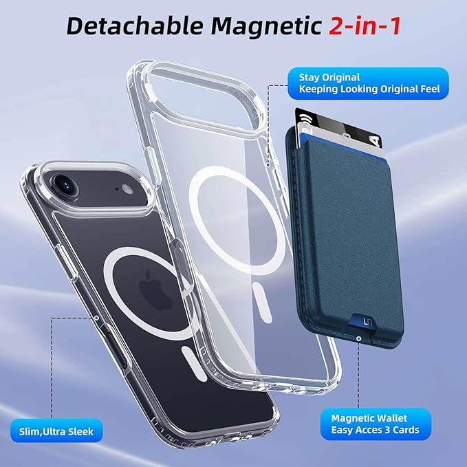 Ntwinro Magnetic for iPhone Air Clear Case (Compatible with MagSafe) with Blue Detachable Wallet & Card Holder for 3 Cards [RFID Blocking] Military Grade Protective Slim Phone Cover for 17 Air 2025