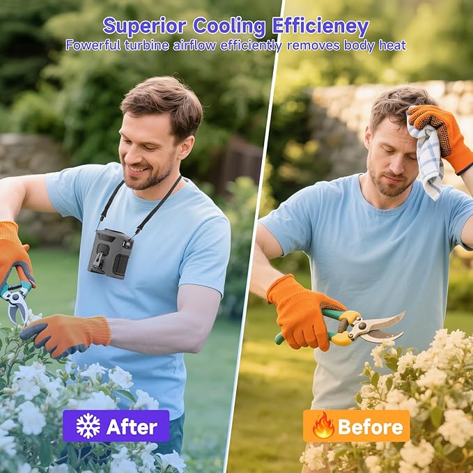 Portable Waist Fan with 5 Speeds, 16000RPM Strong Airflow, 10000mAh Rechargeable Hands-Free Neck Fan with Flashlight & SOS Mode, Wearable Clip Belt Fans for Camping Travel Jobsite Farms Fishing