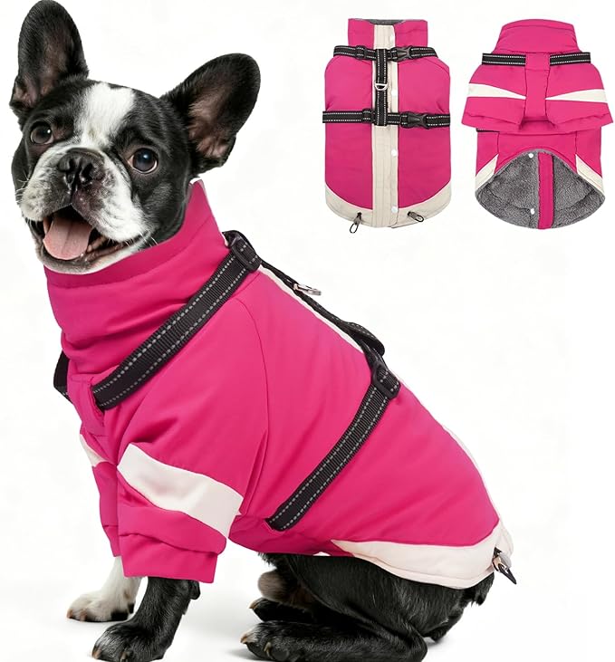 MIGOHI Snowproof Dog Jacket with Harness Reflective Small Dog Coat with Sleeves,Waterproof Fleece Winter Puffer Jacket for Dogs,Turtleneck Puppy Coats for Dogs Chilly Day,S,Rosered