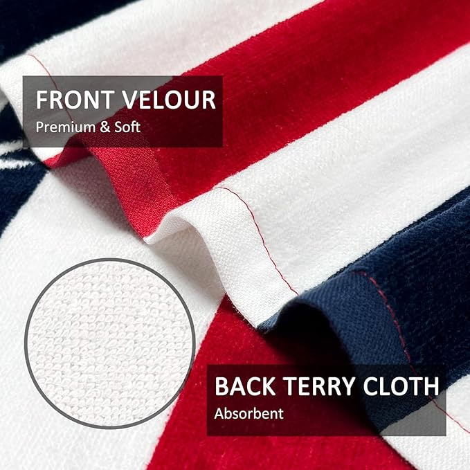 cabanana Large Beach Towel Oversized - Cotton Velour 35 x 70 Inch Shark Striped Terry Pool Towel, Cabana Soft Swimming Towel for Adults Women Men (Navy Red)