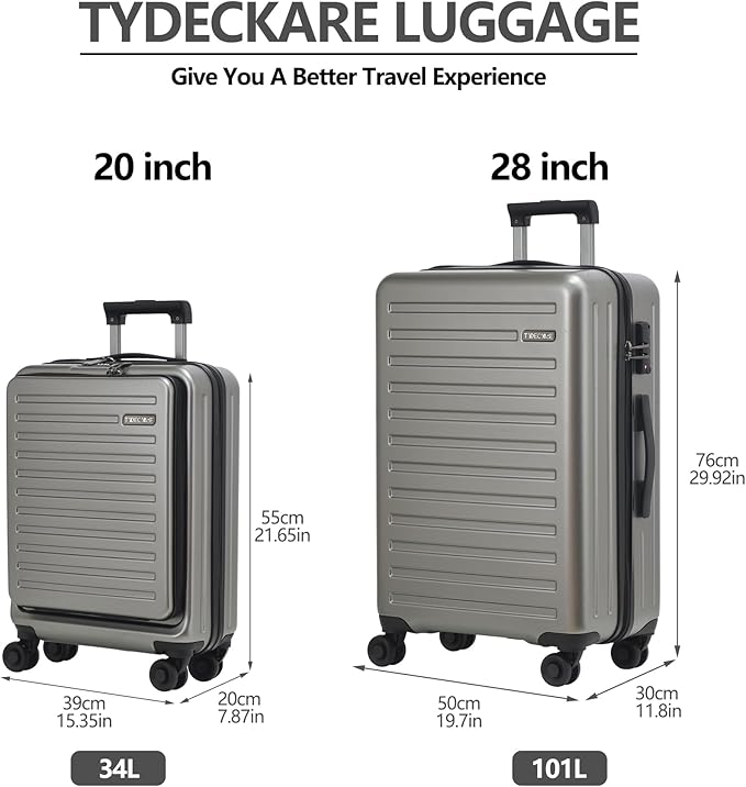 TydeCkare 2pcs 20/28" Luggage Set Lightweight HardShell, Only 20 Inch Carry On 21.65 * 15.35 * 7.87" Cabin Suitcase with Front Pocket, 28 Inch 19.68 * 11.81 * 29.92" Checked Luggage, Gray