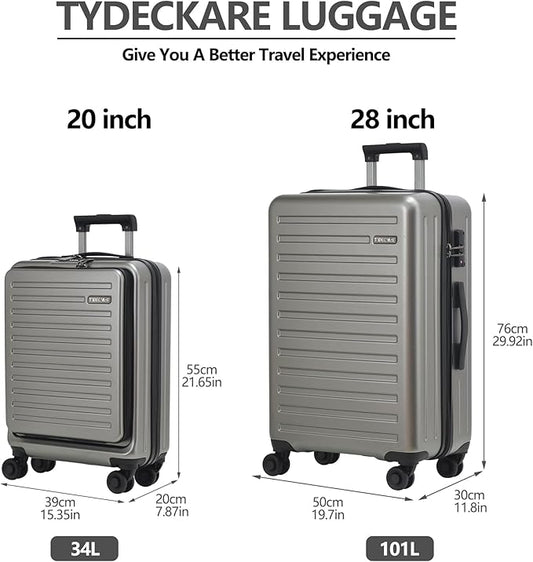 TydeCkare 2pcs 20/28" Luggage Set Lightweight HardShell, Only 20 Inch Carry On 21.65 * 15.35 * 7.87" Cabin Suitcase with Front Pocket, 28 Inch 19.68 * 11.81 * 29.92" Checked Luggage, Gray