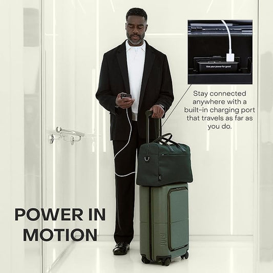 July Carry On Pro - 20" Hardshell with Front Pocket, Airline Approved Carry On Luggage with Wheels, TSA Lock Rolling Suitcase, Silent Spinner Wheels, USB Ports & Ejectable Battery - Moss