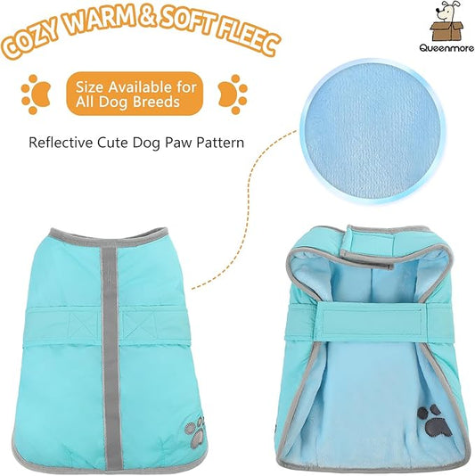 Queenmore Dog Winter Coat, Fleece Puffer Dog Down Vest, Cold Weather Pet Jacket for Dogs, Waterproof Reflective Reversible Dog Sweater Clothes for Small, Medium and Large Dogs (Light Blue, M)