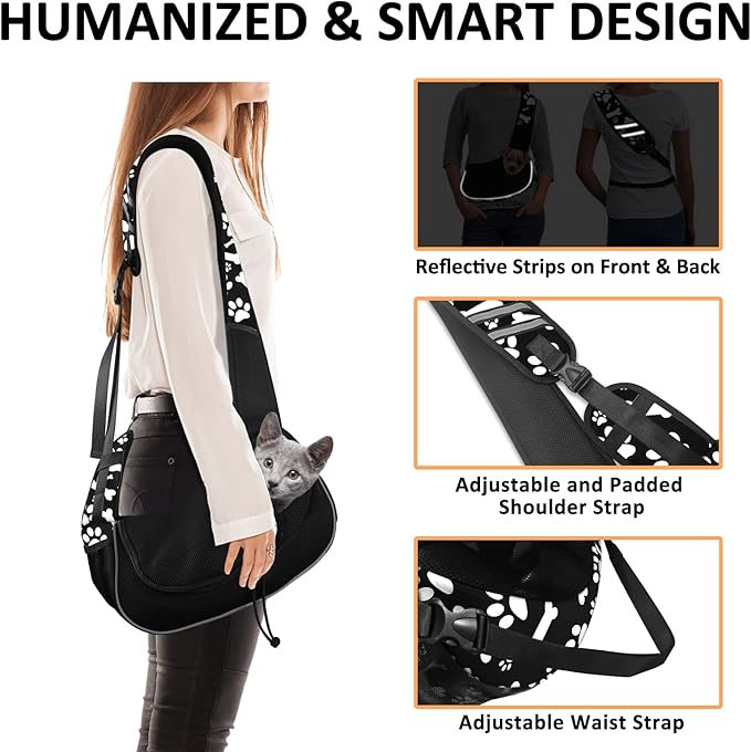 Dog Sling Puppy Carrier Travel Cat Carrier Dog Carrying Bag Pet Carrier for Small Dogs Below 5 lbs Dog Accessories & Cat Supplies Hands Free & & More Pockets & Reflective Design Cute Black