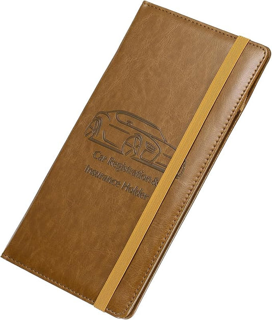 HARFINGTON Car Registration and Insurance Holder 9.45" x 5.04" PU Leather Vehicle Glove Box Organizer Storage Accessories Men Women Car ID Holder for License ID Card Bank Card, Brown