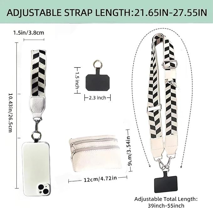 Crossbody Body Phone Holder for Women, New Phone Strap with Zippered Pouch, Adjustable Crossbody Strap (White)