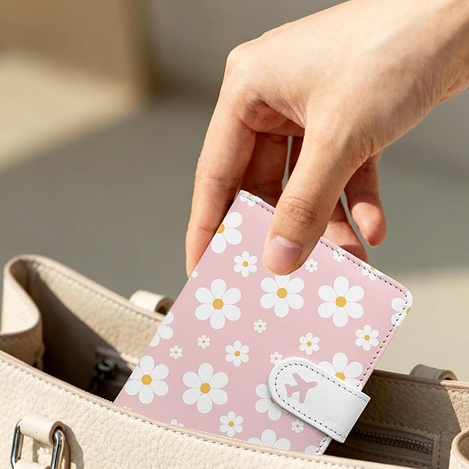 Passport Holder, Travel Wallet Cover with Pen Loop | Cute RFID Blocking Leather Case with Magnetic Closure for Travel Essentials-flower