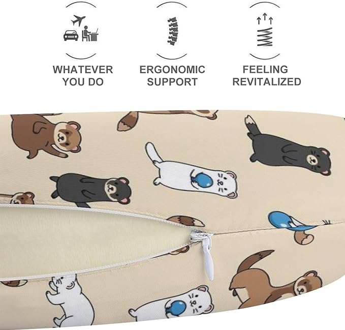 Breathable Memory Foam Neck Pillow, Hairy Ferret U-Shaped, Head Support U-Shape Compact for Airplane Train Travel, Machine Washable Cover