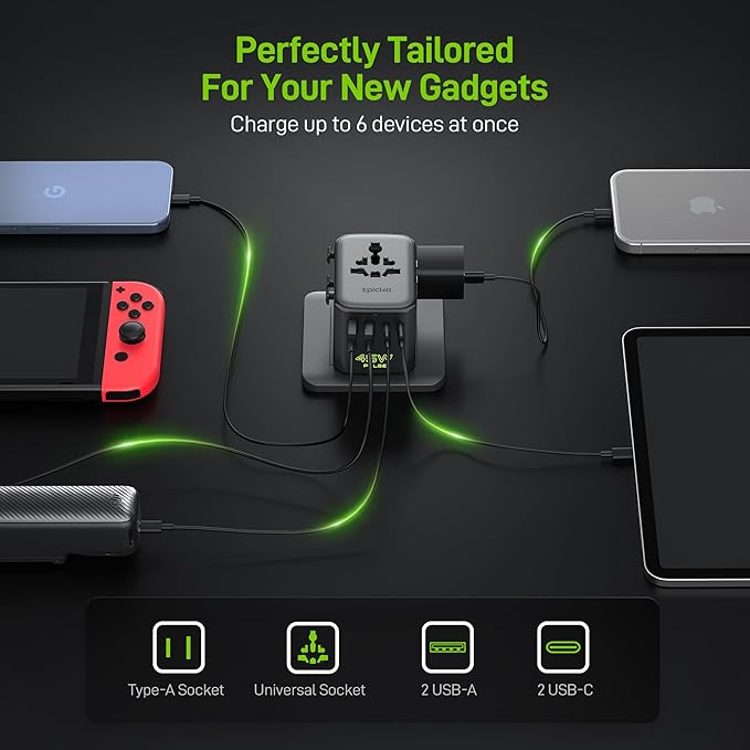 Epicka Pulse Duo 45W International Power Adapter, Universal Travel Adapter with 6-Port (2 AC/2 USB-A/2 USB-C), European Travel Plug Adapter with PD & QC 3.0 Fast Charging, Travel Essentials (Black)