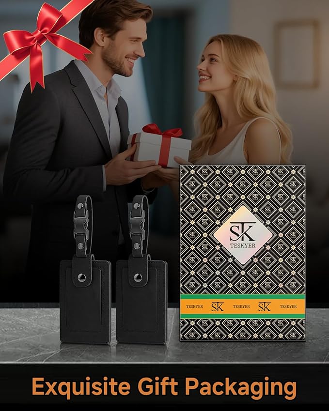 Premium Genuine Leather Luggage Tags for Suitcases - Quick Release, Privacy Protection, Elegant and Durable, Travel Essential Luggage Tag - 2 Pack Black