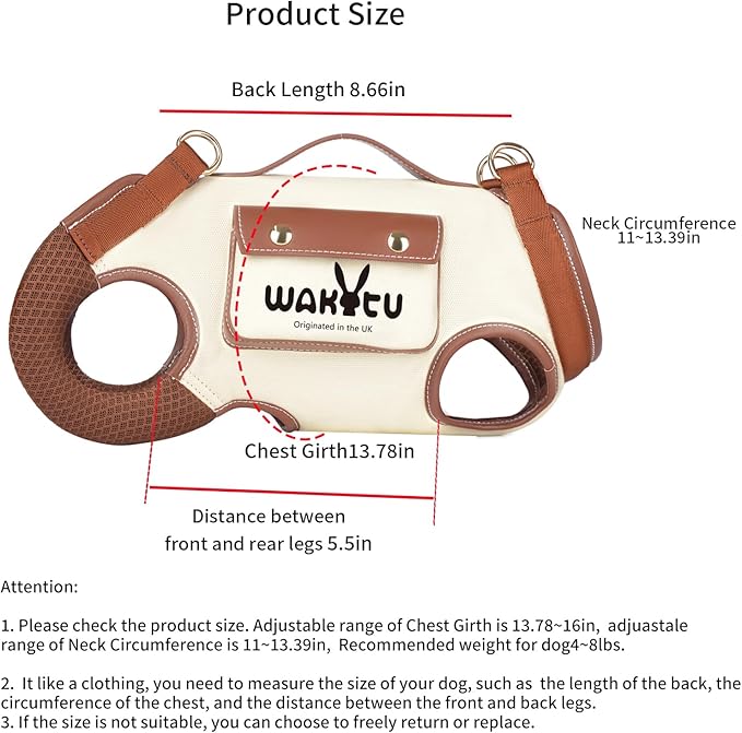 Wakytu Dog Lift Harness Dog Carrier VES Harness Adjustable Leash with Small Puppy Treat Bag,Fits Most Cars,S，4-8 LBS