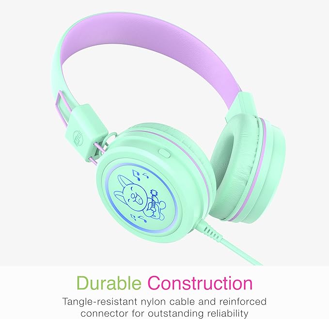 MEE audio KidJamz KJ55 Safe Listening USB-C Headphones for Children with Multicolor LED Lights, Volume Limiter, & Microphone; On-Ear Wired Kids Headset for iPhone 16, iPad, & USB Type C Devices (Mint)