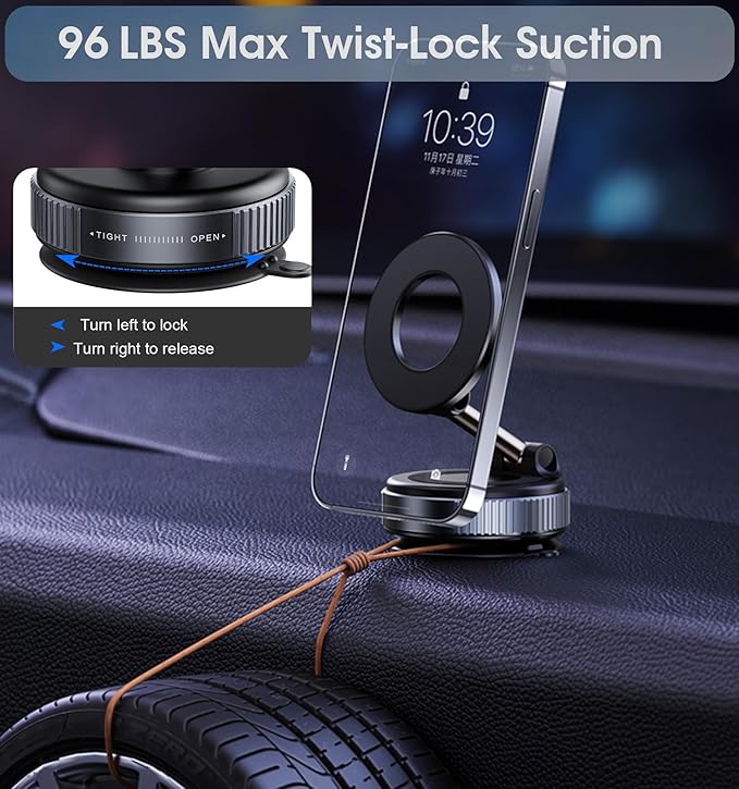 2026 Upgraded Vacuum Magnetic Car Phone Holder 360° Reinforced 96LBS Ultra Suction Cup Phone Mount for MagSafe Cell Phone Holders for Your Car/Gym/Mirror Mount for iPhone & Android