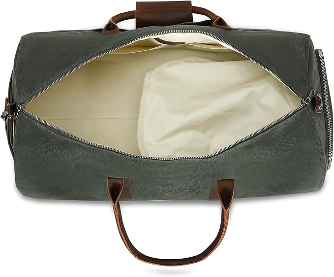 Waxed Canvas Weekender Duffle Bag, Vintage Style Travel Bag with Leather Trim, Army Green (Forest Green)