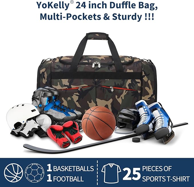24 inch Large Gym Bag for Men - 65L Hard Bottom Duffle Bag with Shoes Compartment for Sport/Travel - Camo
