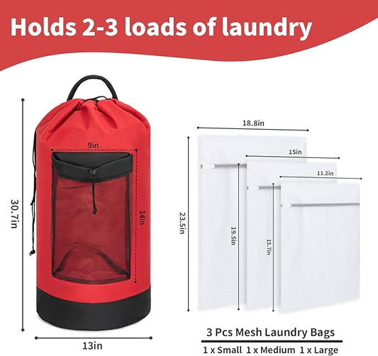 Laundry Bag Backpack with 3 Sizes Mesh Wash Bags and Shoulder Straps Foldable Clothes Hamper Bag with Drawstring Closure for College, Apartment, Laundromat (Red)