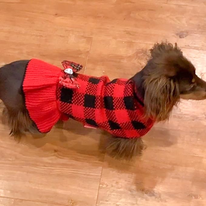 KYEESE Dog Christmas Sweater Dress with Bowtie Checkered, Turtleneck Dog Sweater for Small Dogs Girl with Leash Hole, Holiday Warm Pet Sweaters Dress, Red, Medium