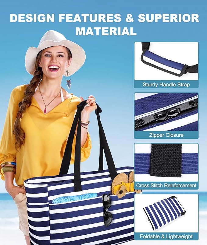 Extra Large Beach Bag Waterproof Beach Totes Bags for Women, Lightweight Foldable Pool Bag with Zipper Wet Compartment