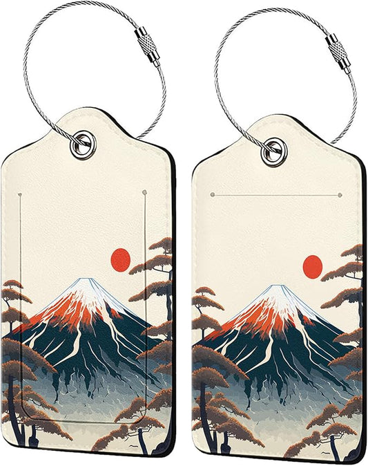 Mount Fuji 2-Pcs Premium Leather Tags with Privacy Covers,Luggage Tag Stainless Steel Loops Ideal for Suitcases, Travel Bags, Backpacks