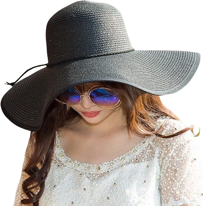 Lanzom Womens Wide Brim Straw Hat Big Floppy Foldable Roll up Cap Beach Sun Hat UPF 50+