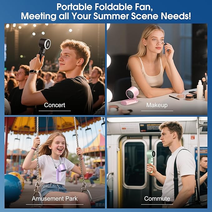 WHATOOK Portable Fan Handheld Mini Fan: Travel Fans with Air Turbo Tech, 4000mAh Battery with LED Display, 5 Gear Wind, 3 in 1 Foldable Small Hand Fans for Makeup, Outdoor, Working, Shopping (Purple)