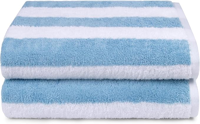 Amazon Basics Sky Blue Cabana Stripe Pool & Beach Towel, 100% Cotton, Soft & Absorbent, Machine Washable, Quick Dry, Large, 2 Pack, Sky Blue, 30" x 60"