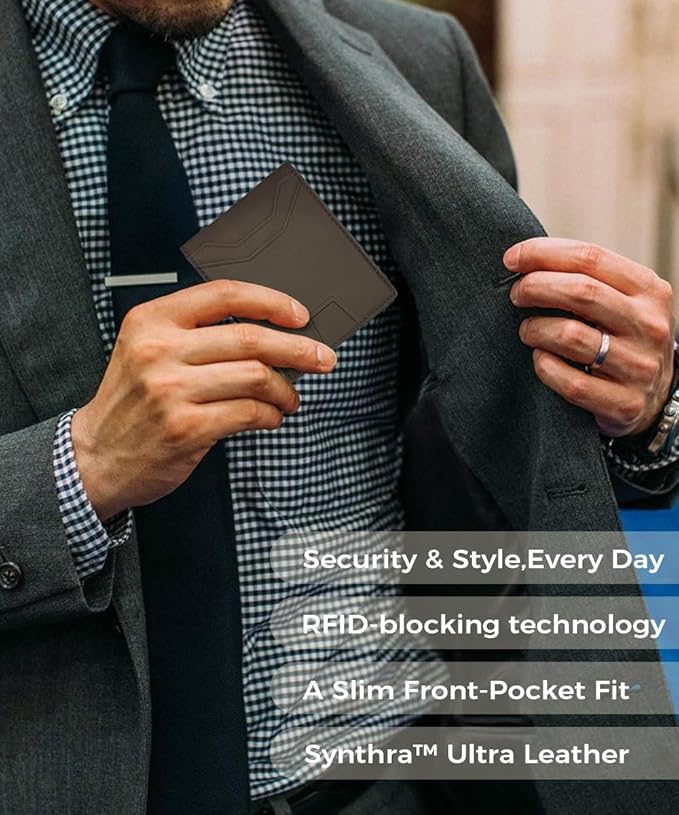 7worldlet Slim RFID Blocking Wallets for Men Synthra™ Ultra Leather Bifold Minimalist Wallet 11 Cord Holder Thin Mens Wallet with Gift Box (Brown)