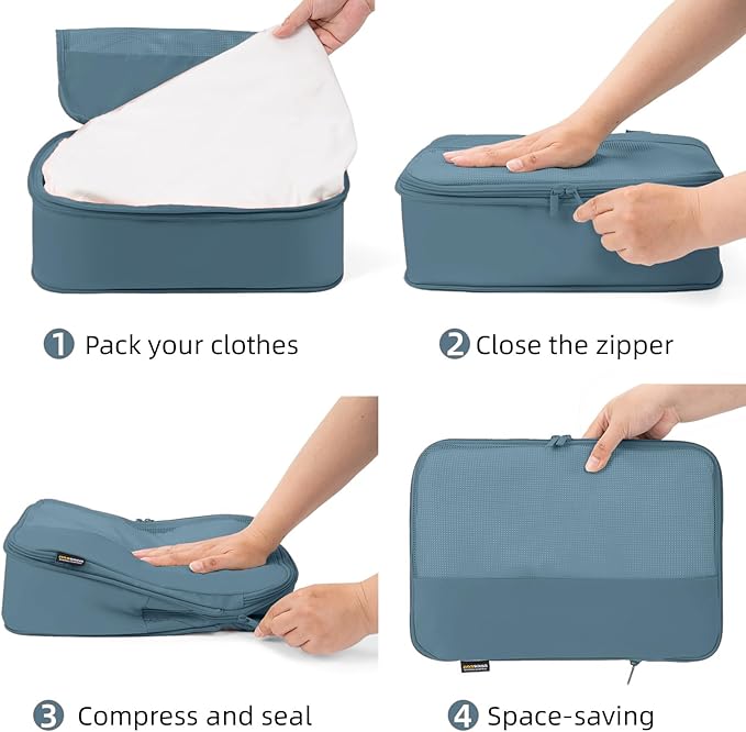 4 Piece Compression Packing Cubes for Suitcases and Backpack, Lightweight Travel Organizers (Gray Blue)
