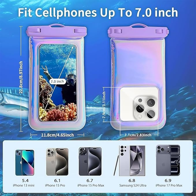 Floatable Waterproof Phone Pouch Case for iPhone 17 16 Pro Max/15/14/13/12, IP68 Travel Cellphone Dry Bag Beach Cruise Ship Essentials Bags with Crossbody Lanyard, Iridescent Purple - 7″