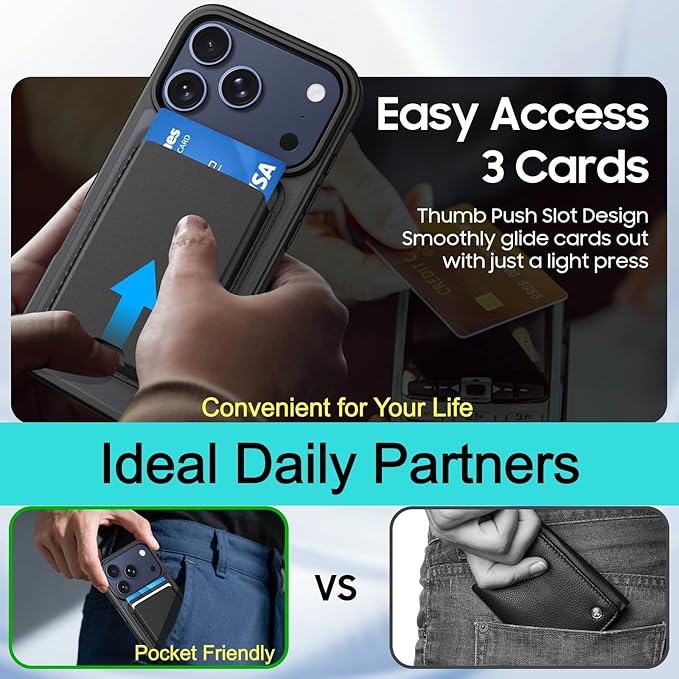 Ntwinro Magnetic for iPhone 17 Pro Case (Compatible with MagSafe) with Detachable Wallet & Card Holder for 3 Cards [RFID Blocking] Military Grade Protective Slim Phone Cover, Black