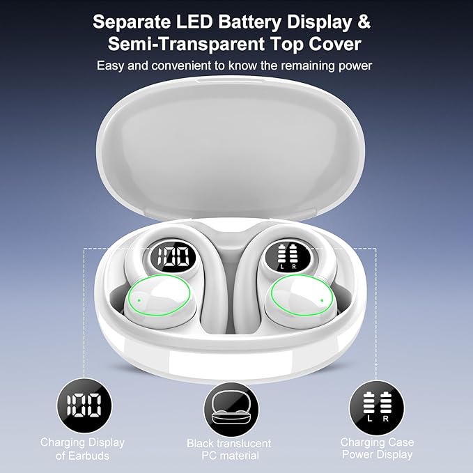 Wireless Earbuds, Bluetooth 5.4 Headphones Sport, Over Ear Buds With ENC Noise Cancelling Mic, 48H, Wireless Earphone With Earhooks, Stereo Deep Bass, IP7 Waterproof Headset for Workout Running, White