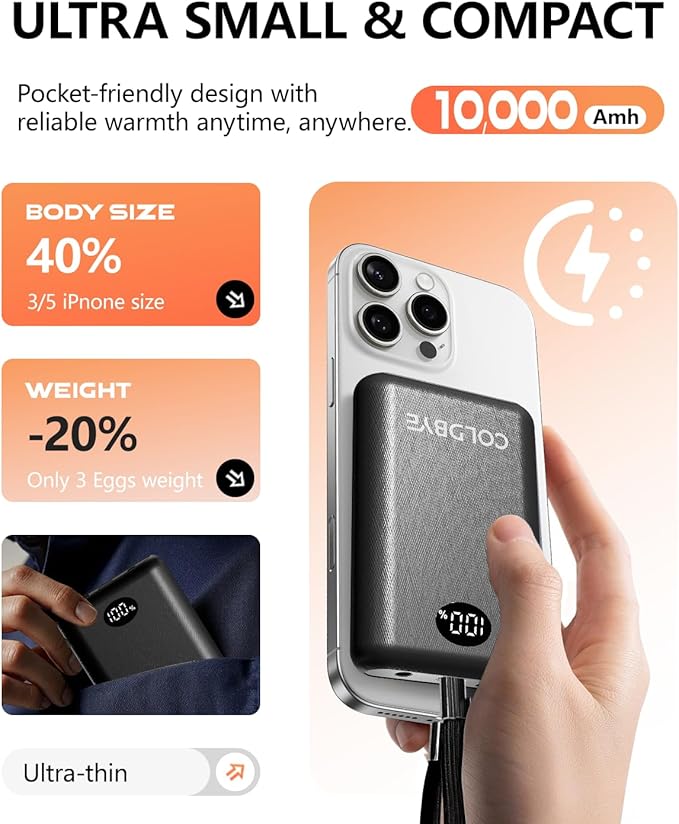 ColdBye Mini 𝟏𝟎𝟎𝟎𝟎𝐦𝐀𝐡 5V 2A/3A 7.4V/3A Heated Vest Battery Pack Compatible with Major Heated Clothing Brands, Ultra-Light Portable, USB, Type-C and DC Ports