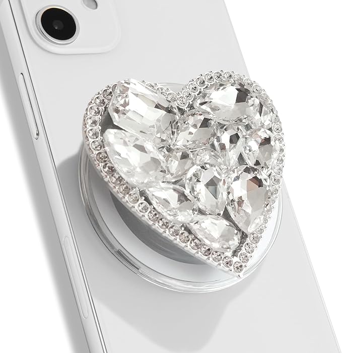 OnTheGrip Compatible with Magsafe Cute Cubic Diamond Heart Shape Design Collapsible Mobile Phone Grip Stand Holder for Smartphone Tablet Cell Phone Accessory (Silver Big)