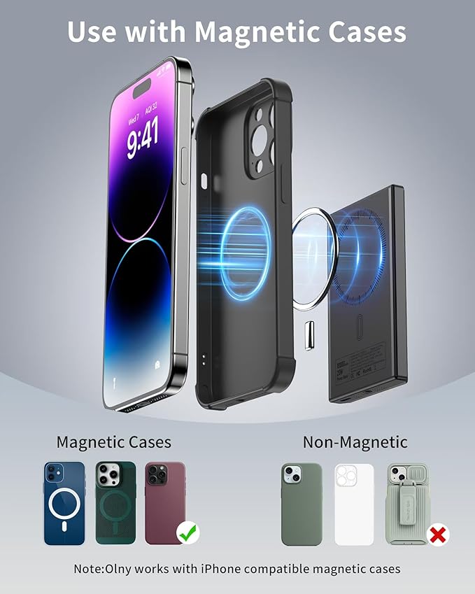 Portable Charger Power Bank, 10000mAh Wireless Charger iPhone with USB C to 20 W PD Fast Charging Cable, Mag-Safe Battery Pack Magnetic Charger for iPhone 17/16/15/14/13/12 Pro/Pro Max/Plus iPad