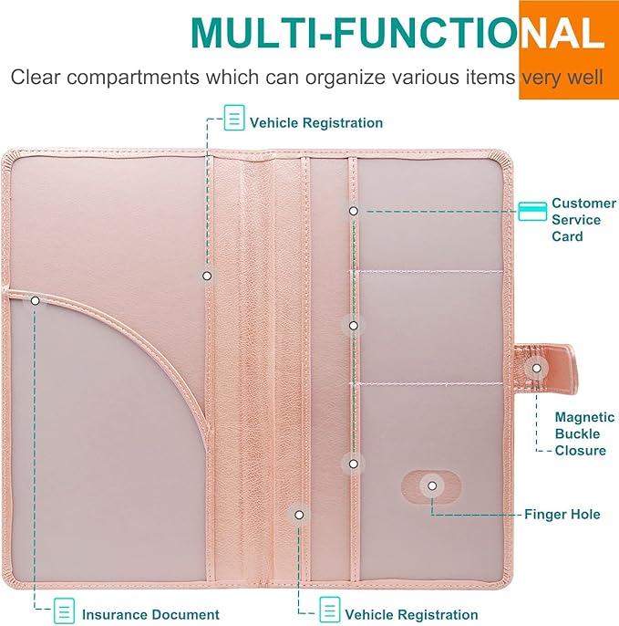 RSAquar Car Registration and Insurance Holder, Leather Car Glove Box Organizer, Cool Car Accessories for ID, Driver's License Cards & Essential Document, Men&Women, Rose Gold