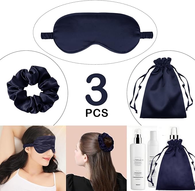 3Pcs Satin Eye Mask Silk Sleep Masks Set Silky Blindfold Eyeshade Blackout Eyes Cover Pouches Bag Scrunchy Wedding Gift