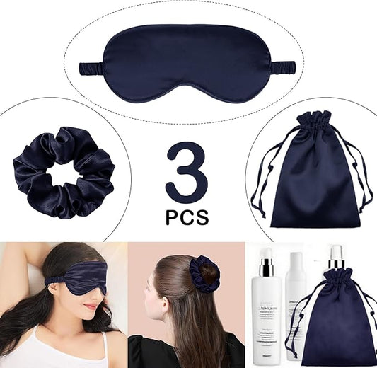 3Pcs Satin Eye Mask Silk Sleep Masks Set Silky Blindfold Eyeshade Blackout Eyes Cover Pouches Bag Scrunchy Wedding Gift
