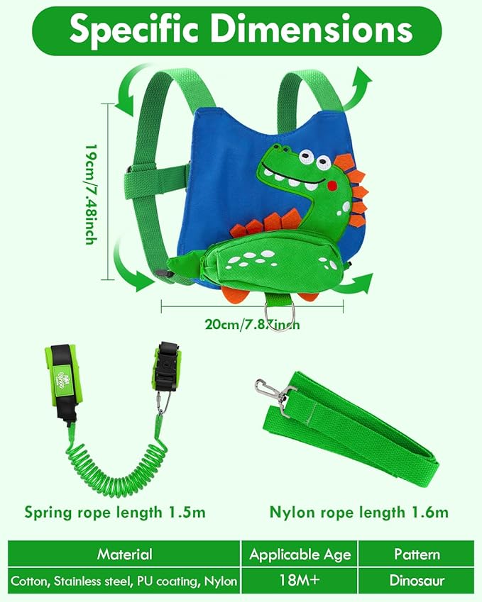 Lehoo Castle Toddler Leash for Boys, 4-in-1 Toddler Harness with Leash with Anti Lost Wrist Link for Kids, Baby Leash for Walking, Kids Leash Backpack (Dinosaur Blue)