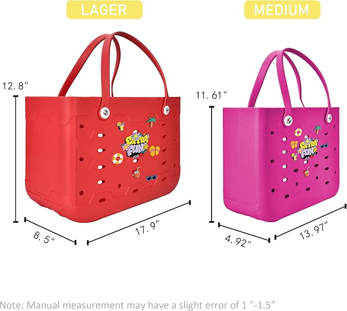 2-Piece Tote Bag Set, Waterproof Rubber Beach Bag with Summer Pattern, Medium & Large Handbag for Pool, Beach, Boat